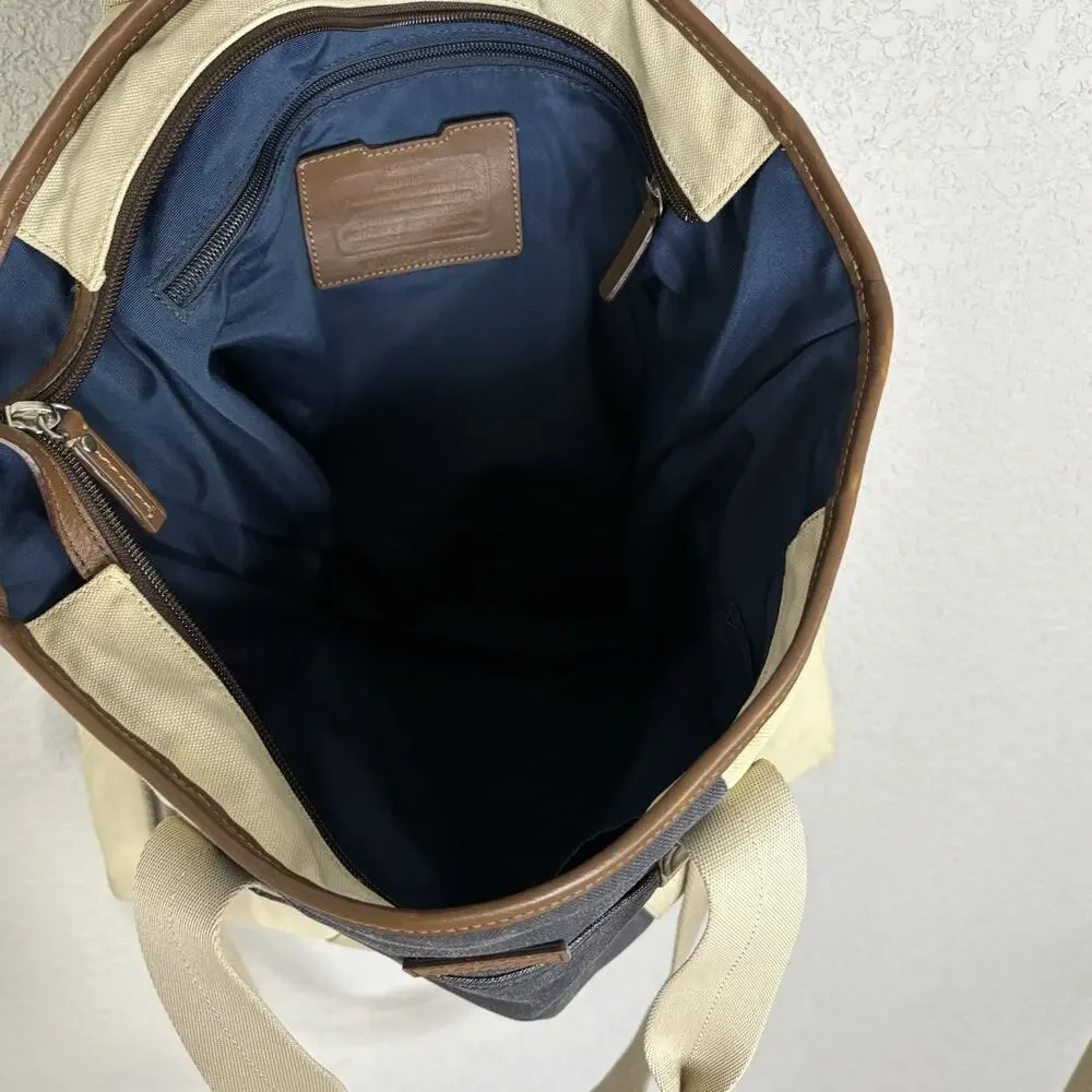Coach Heritage Web Tote Bag Canvas Leather 16 x 16 Navy Blue Beige